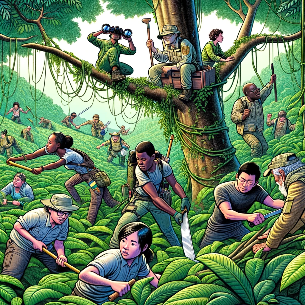 Picture of a team in a jungle created by DALL-E